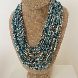 Unique Vintage Aqua Blue and White Beaded Necklace with carved wood clasp